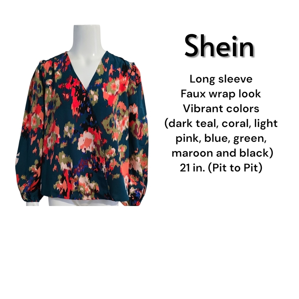 SHEIN Women's Floral Faux Wrap Blouse - Dark Teal and Coral